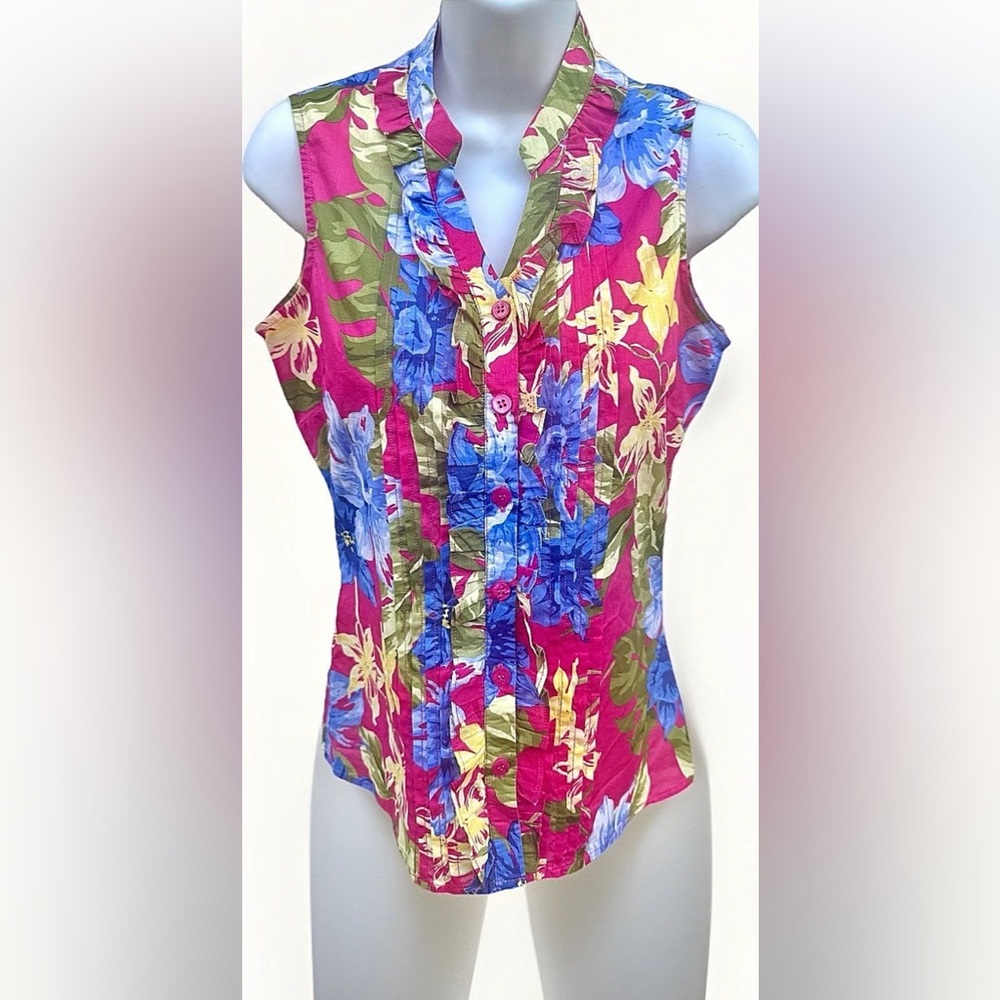 🌸CARIBBEAN JOE🌸 SLEEVELESS RUFFLE BUTTON UP HAWAIIAN COTTON BLOUSE TOP